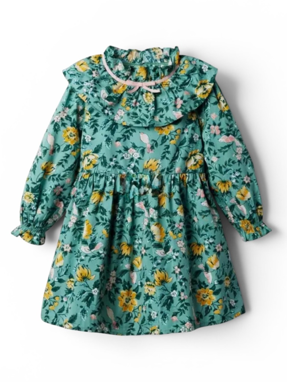 Janie and Jack Floral Ruffle Bow Collar Sage Green Long-Sleeve Ruffle Dress 5